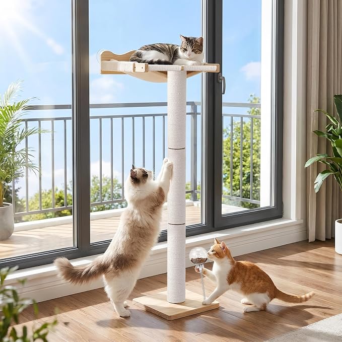 Cat Window Perch with Scratching Post, Hammock with Cushion | 44"/31"/18" Height Adjustable Sisal Cat Tree, 33lbs Capacity Perch for Indoor Cats Scratching & Watching Birds, Beige