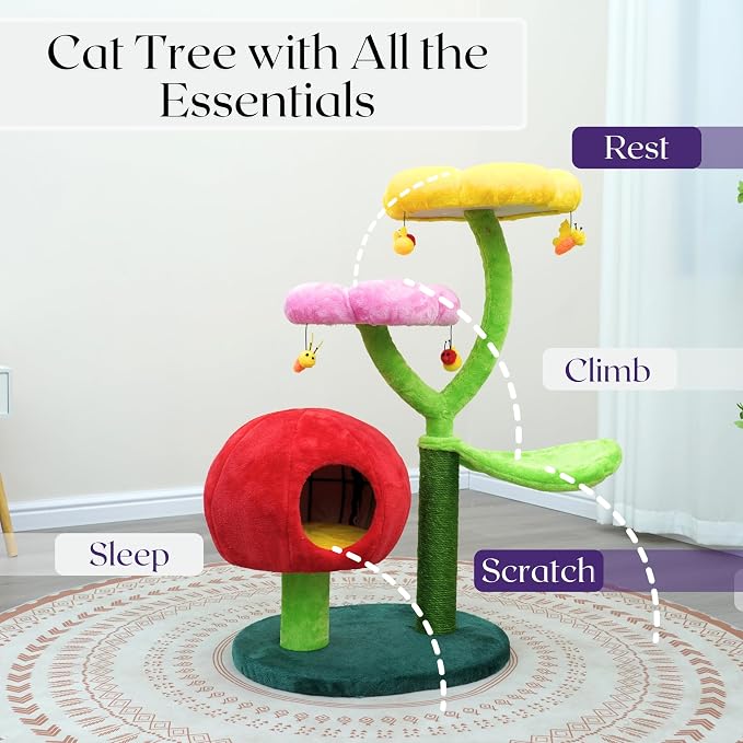 Catry Flower Cat Tree with Hideaway Condo, 3 Perches and Scratching Posts | Aesthetic floral cat condo tower for indoor cats, features durable sisal scratching posts, cozy plush flower beds & perches