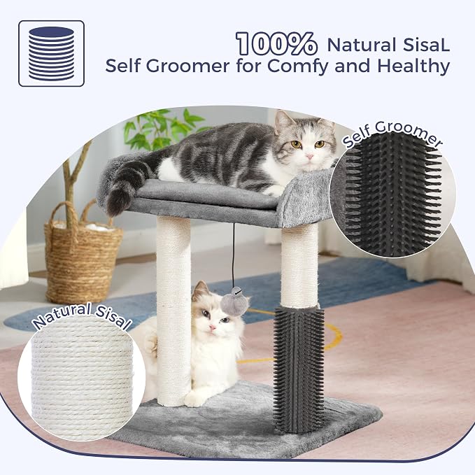 Cat Scratching Post Small Cat Tree with Cat Self Groomer, 15.7x13.7” Wide Top Bed, Natural Scratch Post and Danging Ball Great for Kittens and Average Indoor Cats-Medium Grey