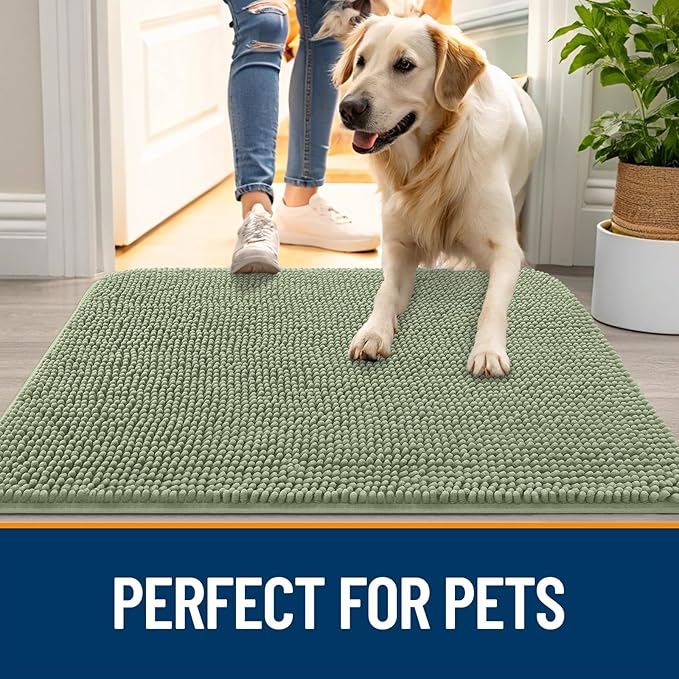 OLANLY Dog Door Mat for Muddy Paws 47x17, Super Absorbent Chenille Mud Mat | Sage Green, Absorbs Moisture and Dirt, Non-Slip Machine Washable Doormat, Quick-Drying Indoor Entryway Floor Carpet for Dogs