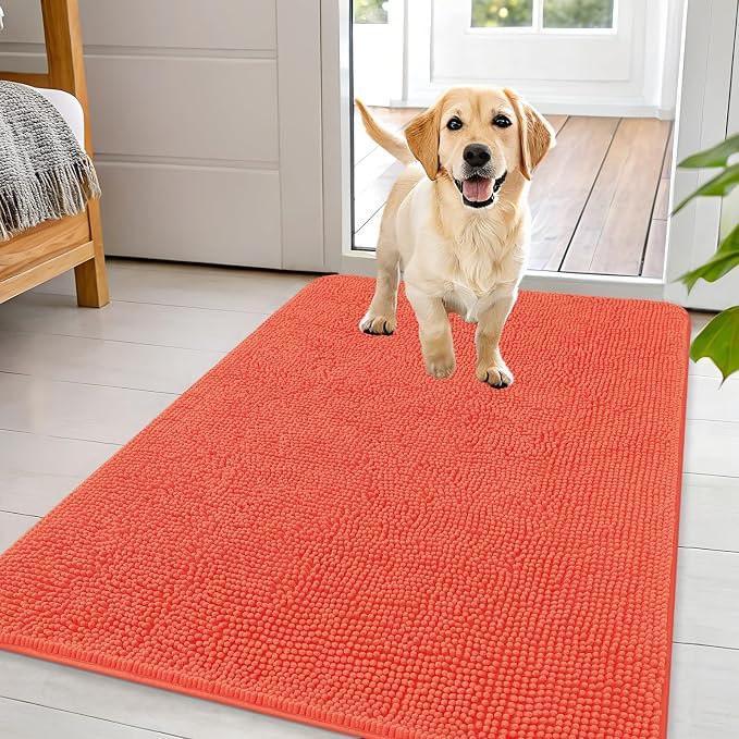 OLANLY Dog Door Mat for Muddy Paws 44x32, Super Absorbent Chenille Mud Mat | Coral, Absorbs Moisture and Dirt, Non-Slip Machine Washable Doormat, Quick-Drying Indoor Entryway Floor Carpet for Dogs