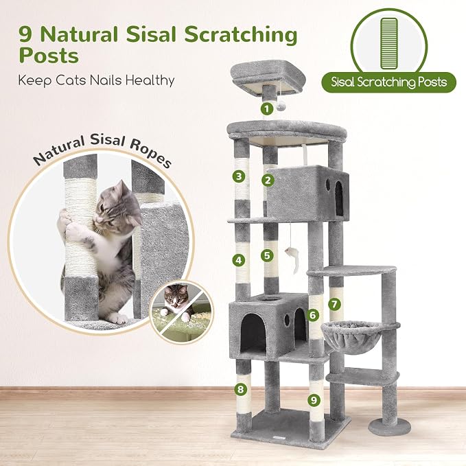 Globlazer Giant Cat Tree for Indoor Large Cats, 83in, F83, Light Grey | XXL Cat Tower with 9 Scratching Posts for 20lb+ Heavy Duty Large Adult Cats