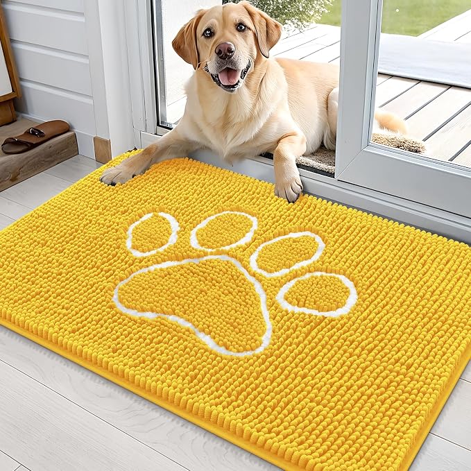 OLANLY Dog Door Mat for Muddy Paws 36x24, Paw Print Design Chenille Mud Mat | Yellow, Absorbent, Traps Moisture and Dirt, Non-Slip Washable Doormat, Quick-Drying Indoor Entryway Floor Carpet for Dogs
