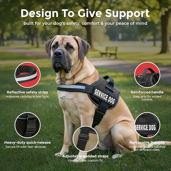 Industrial Puppy Service Dog Vest Harness - Durable & Adjustable Vest for Dog with Reflective Straps, Removable Patches, 50 ADA Cards, Handle & D-Ring, Travel and Daily Use, (Black, XL 30"-39")