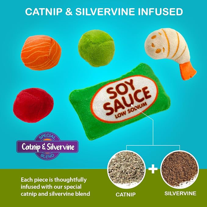 Pounce & Purr Sushi Cat Toys with Catnip & Silvervine 6-Piece Plush Set for Indoor Cats & Kittens, Kitten Chew Toy, Kicker & Boredom Relief - Poké Bowl Playset