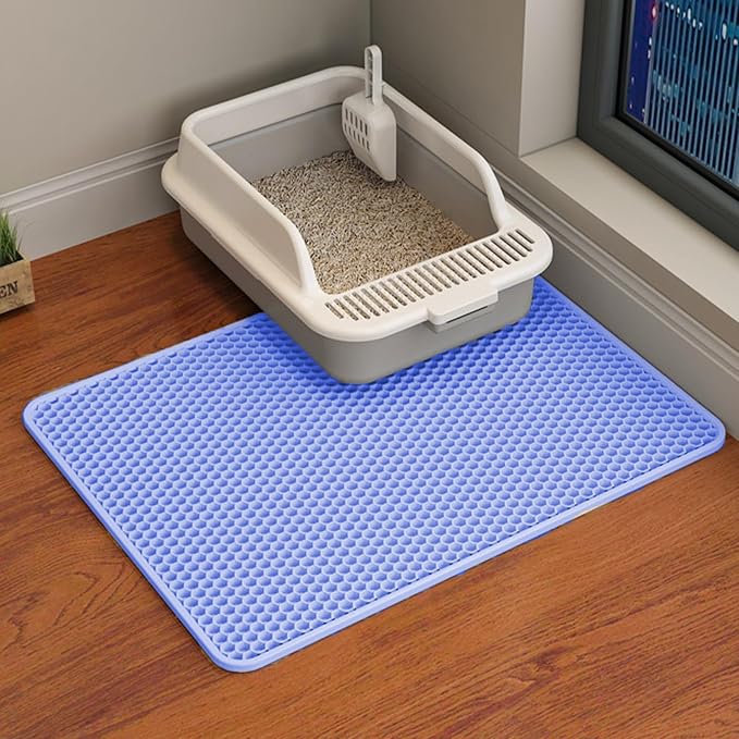 HCY&WLD Cat Litter Mat, Double Layer Cat Litter Box Mat (24x18 Inch, Blue) | Waterproof Urine-Proof Non-Slip Litter Trapping Mat, Soft on Kitty Paws, Scratch-Resistant, Scatter Control, Easy to Clean