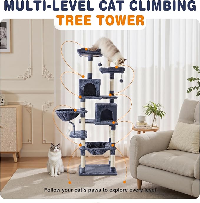 71 Inch Large Cat Tree Tower with Sisal Scratching Post | Multi-Level Cat Climbing Tower with Hammock, Pet Condo for Indoor Cats and Kittens, Grey