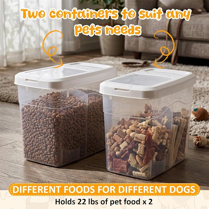 2 Pack 18 Lbs Airtight Dog Food Storage Container with Scoops | 2 Measuring Cups, Flip Lids, Clear Bins with Markings, Preserve Freshness, Pet Dog Cat Rice Grain Treat Storage
