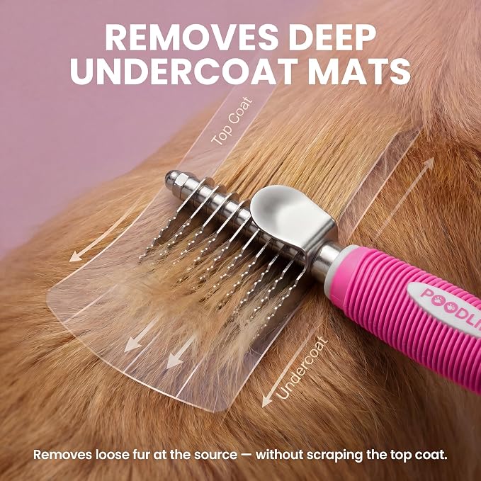 Poodle Dematting Fur Rake Comb Brush for Dogs and Cats - Long 2.5" Steel Safety Blades Metal Comb for Detangling Matted or Knotted Undercoat Hair