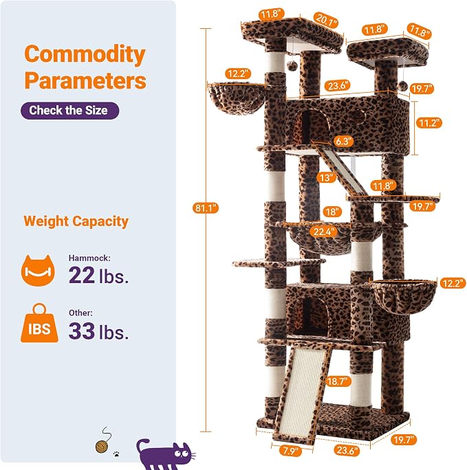 Allewie 81 Inches Tall Cat Tree/Multi-Level Large Climbing Tree House and Towers for Big Feline/Condo and Hammock/Scratching Post/Wide Base/Leopard Print