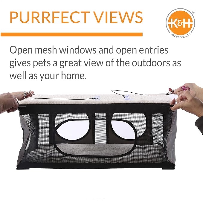 K&H Cat Window Perch, EZ Mount Window Penthouse Kitty Sill, 23x19in, Gray | 2-Level Cat Window Hammock Bed For Large Kitties, Fits 24in Wx34in H Glass, Steel Frame, Strong Suction Cups, Enclosed Condo