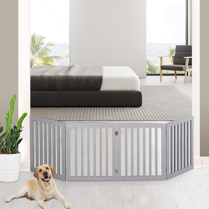 ZENY 24 Inch Pet Dog Gate, Foldable Freestanding Dog Door 4 Panel, White Wooden Z Shape Step Over Pet Fence for Entryway, Stairs, Doorway (Grey)