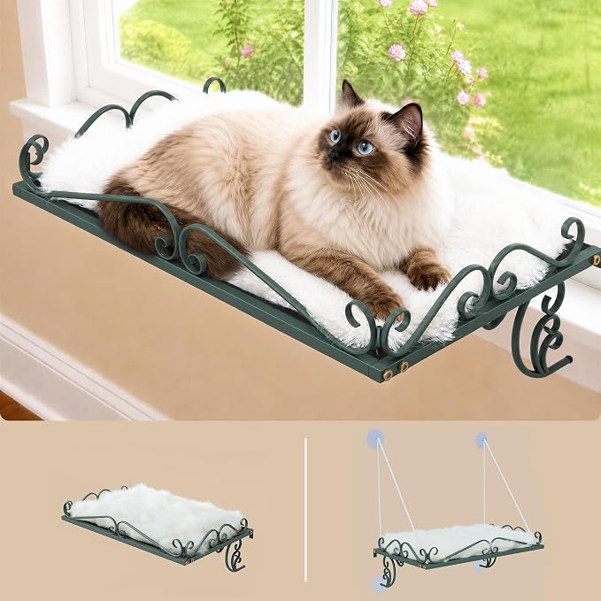 PUPETPO Cat Window Perch for Large Cats, 2-in-1 Window & Sill Mount, Green | Heavy-Duty Iron Frame with Triangle Support, Cat Window Bed with Plush Cushion, Holds 40+ lbs