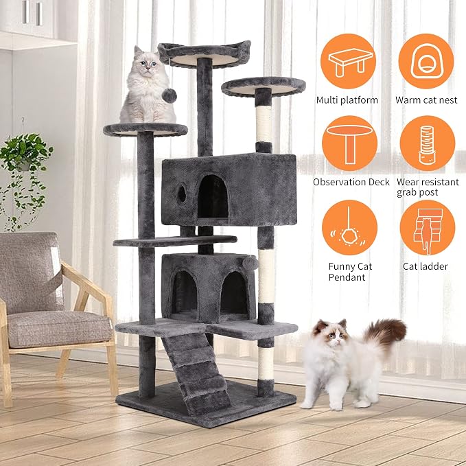 BestPet | 54" Cat Tree Tower | Light Gray | Sturdy Multi-Level Cat Tree | with Plush Condo, Cozy Perch, Sisal Scratching Posts, Hanging Toy and Stable Frame | Easy Assembly | for Kittens & Adult Cats