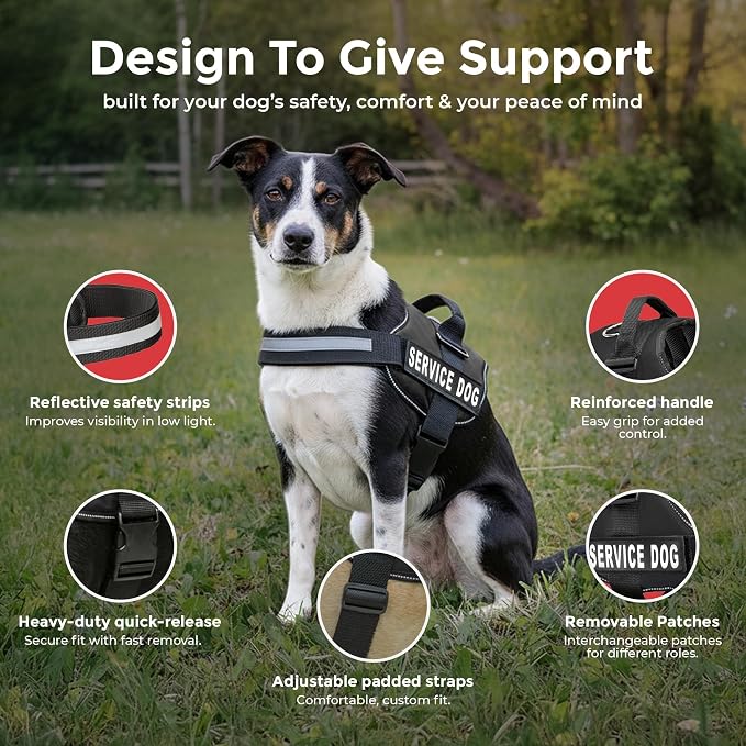 Industrial Puppy Service Dog Vest Harness - Durable & Adjustable Vest for Dog with Reflective Straps, Removable Patches, 50 ADA Cards, Handle & D-Ring, Travel and Daily Use, (Black, Medium 25"-32")