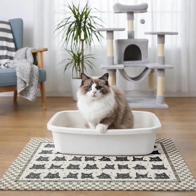 Cat Litter Mat 24"x15" for Litter Box, Non-Slip Washable Floor Mat with Litter Trapping Design, Scatter Control for Cats and Kittens, Black Beige