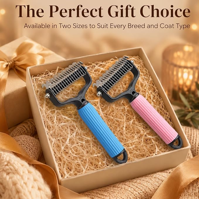 Pet Grooming Brush, Double-Sided Deshedding Dematting Tool for Dogs & Cats, Detangling Tool For Matted Fur, Ideal For Medium Or Long Haired Breeds (Blue)