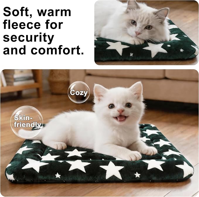 Dog Bed Mat – Soft & Comfortable Dog Kennel Pad for Crate – Durable Crate Bed & Mat for Dogs & Cats – Ideal for Crate, Kennel, and Home Use (Big&Little Stars Green, XS(18"*14"*1.5"))