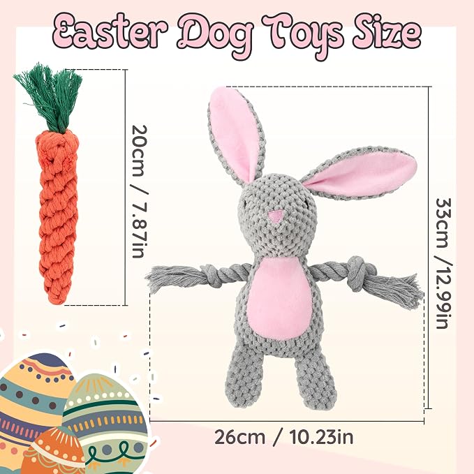3 Pack Easter Bunny Dog Toys, Easter Squeaky Rabbit & Carrot Dog Gifts for Puppy, Small, Medium, Large Dogs