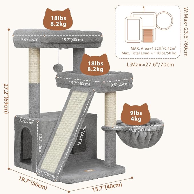 Heybly Compact Cat Tree with Big Scratcher, Stable Cat Tower HCT206SW | 27.2" Cat Furniture with 2 Top Perches, Floor Cat Condo, Cozy Hammock, Space-Saving Cat Activity Center, Light Gray