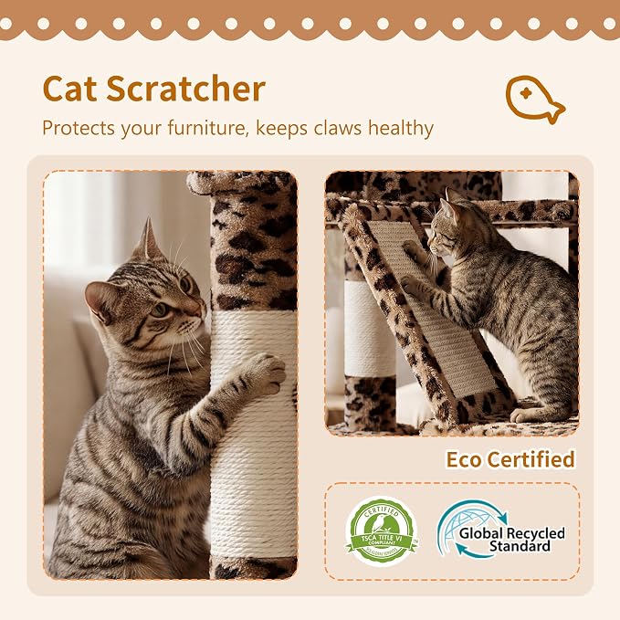 Heybly Cat Tree, 71-Inch-Tall Tower for Indoor Cats with 2 Perches HCT034BW | Large Cat Furniture with 2 Big Condos, 2 Hammocks, Basket, Scratching Pad, Multi-Level Cat Condo, Leopard Print