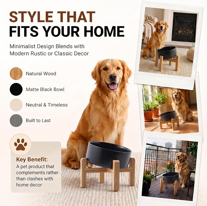 hjn Elevated Ceramic Dog Bowl 15°Slanted Raised Dog Bowl with Bamboo Stand for Small Medium Dogs and Cats, Pet Feeder -7.6-Cup (1800ml)-Black