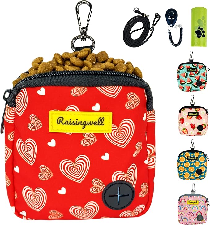 Raisingwell Dog Treat Pouch for Pet Walking and Training with Clicker Poop Bags Small Fanny Zipper Pack Holder for Puppy Snack Dispenser Kit for Leash and Outdoor Use (Valentine)