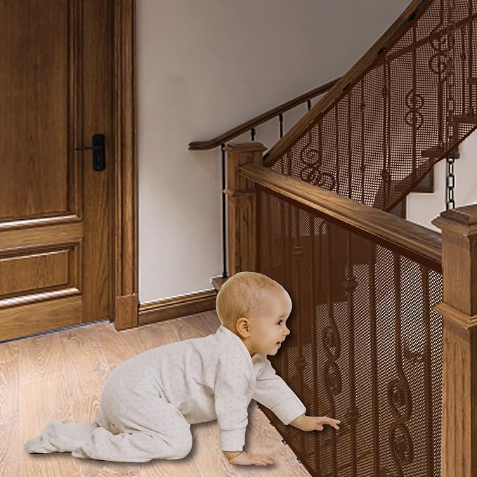 Baby Gate for Stairs, Banister Guard for Kids, Pets, Toys, 10ft L x 2.6 ft H, Mesh Netting Safety Net for Balcony Rail Stair, Stairway Net Baby Safety Products for Indoor & Outdoor (Brown)