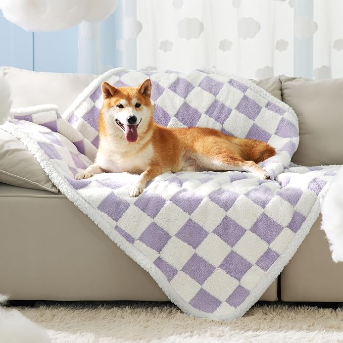 LE SURE Waterproof Dog Blanket for Large Dogs - Washable Double Sided Dog Blankets with Warm Jacquard Shag and Soft Sherpa Fleece, Pet Cat Blanket for Couch Protection, 3D Textured Checks, Purple
