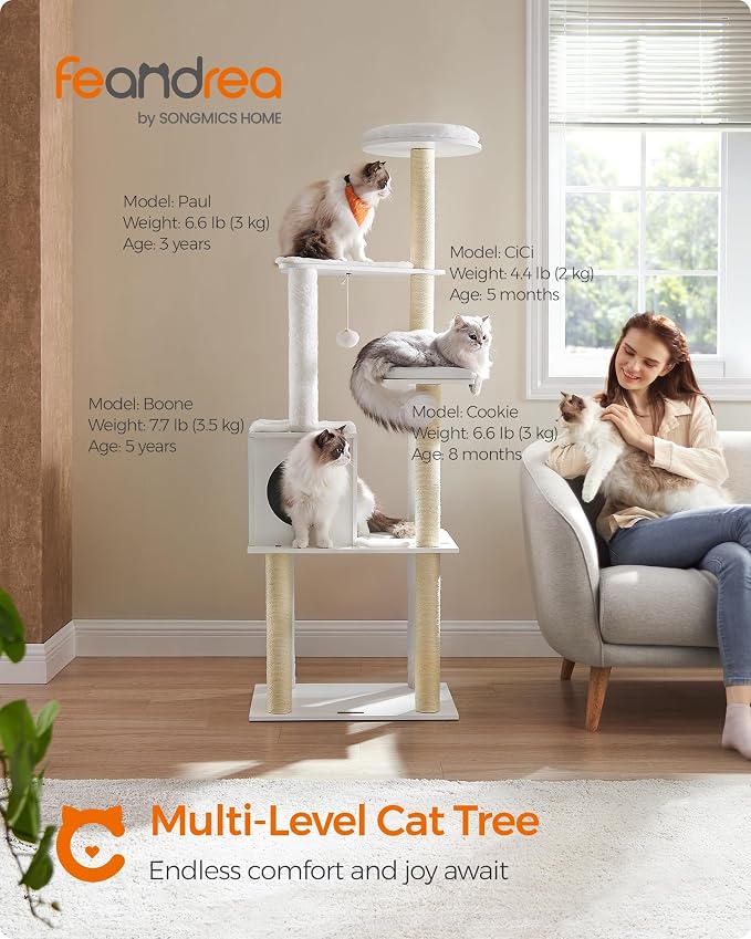 Feandrea Cat Tree, 65-Inch Multi-Level Tower with 5 Scratching Posts | Modern Cat Condo for Indoor Cats, Perch, Washable Removable Cushions, Cloud White, CAEN Collection UPCT166W01