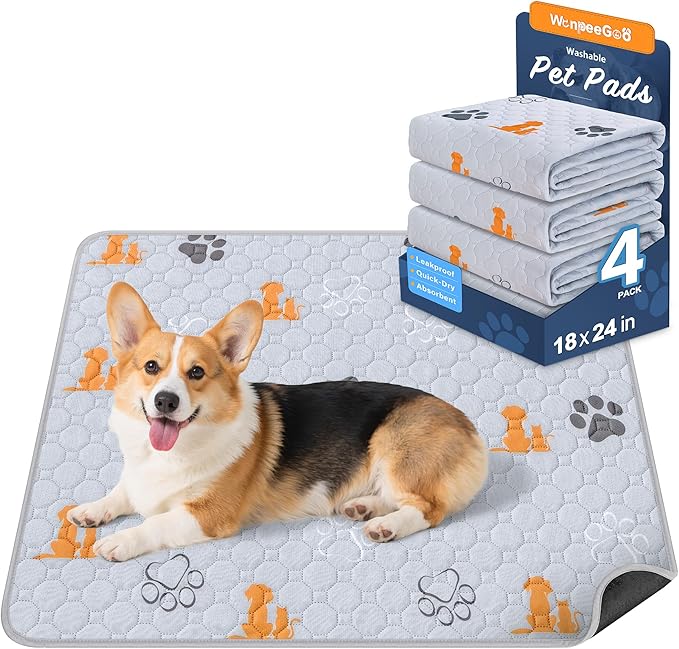 WanpeeGoo Washable Pee Pads for Dogs, Waterproof, 18 x 24 in, 4 Pack, Orng | Super Absorbent, Waterproof and Non-Slip; Washable, Reusable Dog Pads for Crates, Playpens, Floors, Furniture and Travel