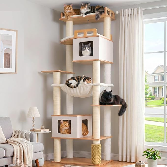 Cat Tree, Wooden Multi-Level Tower for Large Audlt Cats GCT104WB | 76" Cat House Furniture with Big Hammock, 2 Condos，2 Wood Platforms with Safety Railing, Sisal Scratching Posts, Walnut