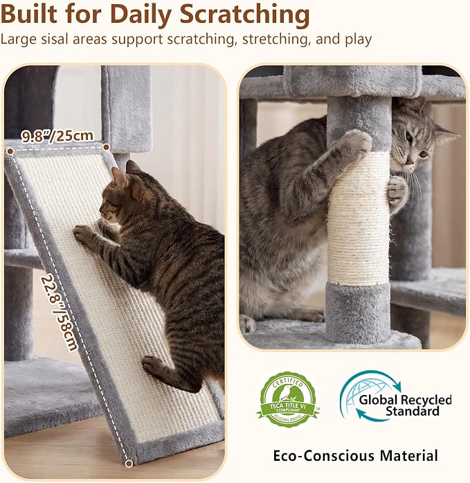 Heybly Cat Tree, 82.7″ Extra Tall Cat Tower for Large Cats Adult HCT063W | Giant Cat Condo with Multi-Level Platforms, 2 Baskets, Spacious Cat Cave, Wide Sisal Scratching Board, Light Gray