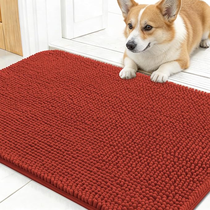 OLANLY Dog Door Mat for Muddy Paws 30x17, Super Absorbent Chenille Mud Mat | Maple Red, Absorbs Moisture and Dirt, Non-Slip Machine Washable Doormat, Quick-Drying Indoor Entryway Floor Carpet for Dogs