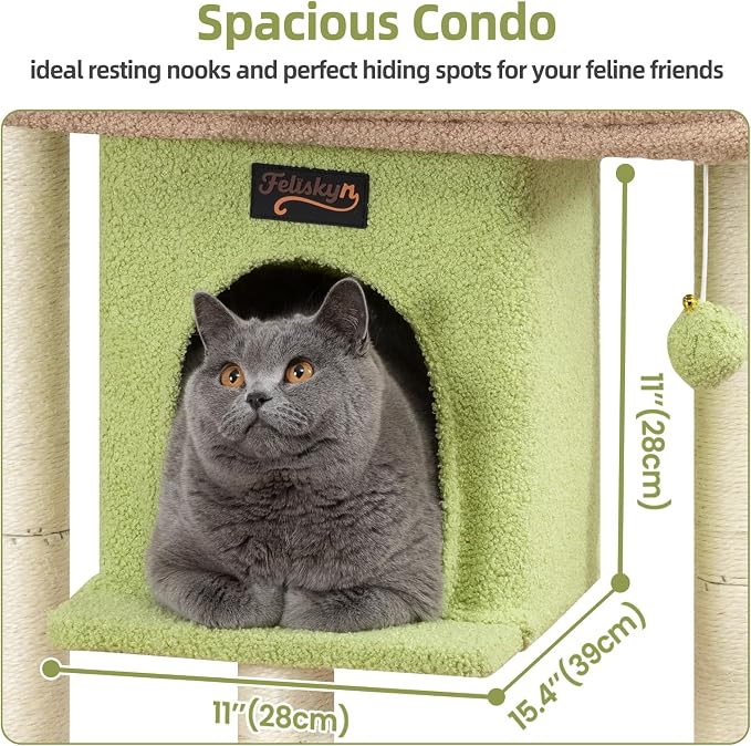 Cat Tree Tower Scratching Post for Indoor Large Adult Cats with Perch Bed | 28in Tall Small Cat Trees House with Big Perch, Condo, Toy Balls, Modern Kitten Climbing Furniture Platform, Green