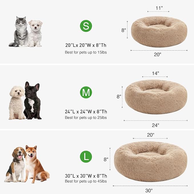 Love's cabin Calming Cat Bed for Indoor Cats, Anti-Anxiety Donut Round Dog Bed,Fluffy Faux Fur Washable Pet Bed for Small Medium Dogs and Cats, Taupe, 24in