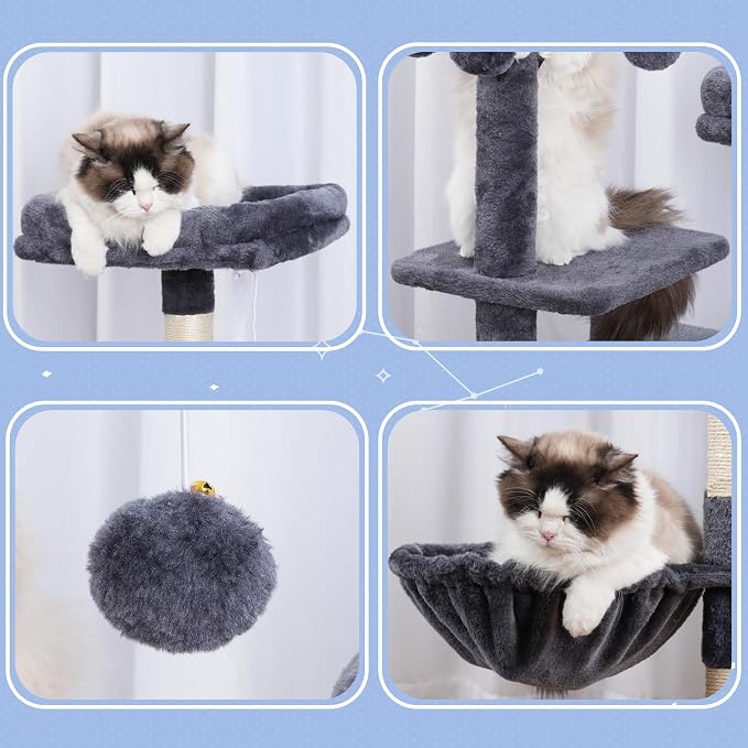 Hey-brother Cat Tree Tower with Removable Toys, Scratching Posts, MPJ008SG | 41.3 Inches Plush Cozy Condo with Platform, Hammock, Sisal Scratch Board and Ball for Indoor Cats, Smoky Gray