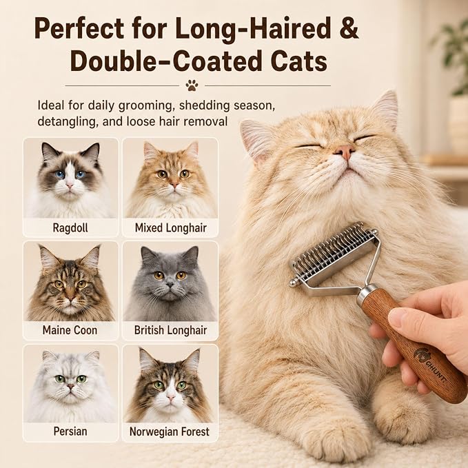Cat Brush for Long Haired Cats, 2-in-1 Dematting Comb & Deshedding Brush for Cats, Dual-Sided Undercoat Rake for Matted Fur, Tangles, Shedding and Loose Hair