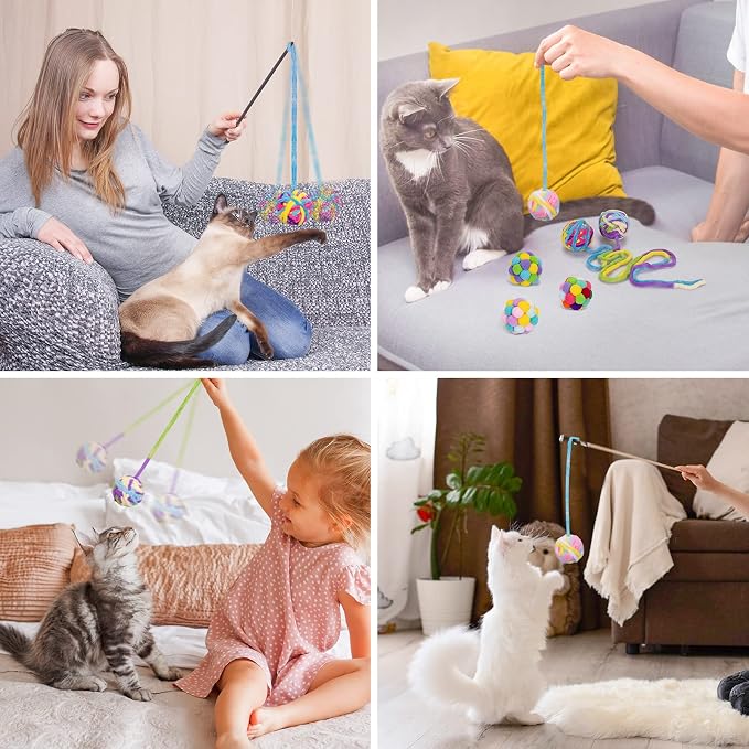 Retro Shaw Cat Toys Balls with Bells Inside, Kitten Toys Pack 6Pcs | Woolen Yarn Cat Balls, Soft Pompom Jingle Ball with String, Interactive Kitty Nip Toys for Indoor Cats