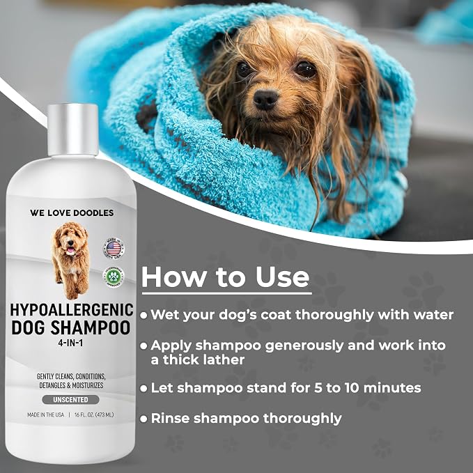Hypoallergenic Dog Shampoo, Conditioner & Detangler, Tearless USA Made 16OZ | Sensitive Skin Dog Shampoo For Itchy Skin & Allergies, Gentle Cleansing, Moisturizing & Natural For Dogs, Hypoallergenic USA