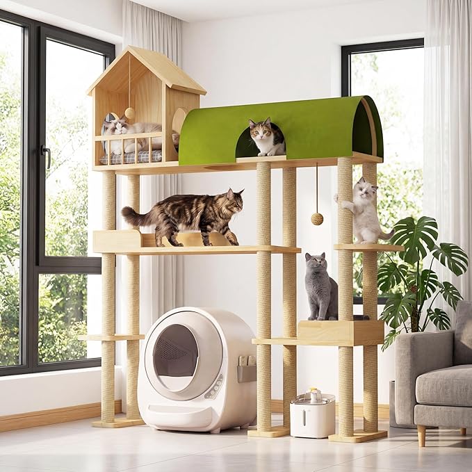 60'' Cat Tree for Automatic Litter Box, for Heavy Cats up to 22lbs | Solid Wood Large Cat Tower with Tunnel & House, Space-Saving for Indoor Multi-Pet Households, Stops Furniture Scratching
