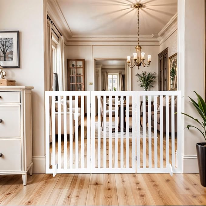 ZENY 36" H Pet Dog Gate, Foldable Freestanding Dog Door 3 Panel, Wooden Z Shape Step Over Pet Fence for Entryway, Stairs, Doorway, White
