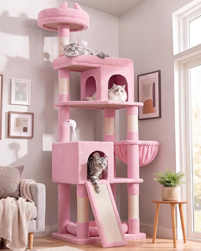Globlazer S72 Heavy Duty Cat Trees for Large Cats, Sturdy 72in Maine Coon Cat Tree for Large Cat 20 lbs+ Heavy Duty Cat Tower for Adult Biggest Cats with 6 Scratching Posts, Hammock, Pink