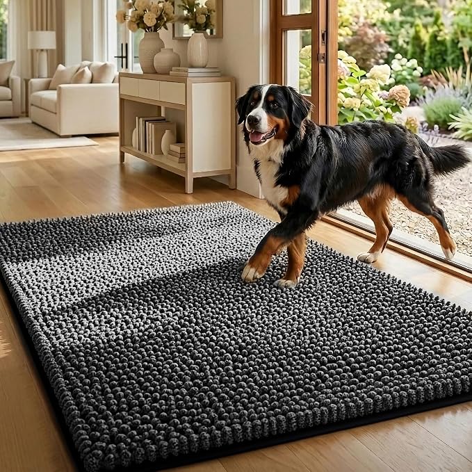 EHEYCIGA Super Absorbent Dog Door Mat for Muddy Paws 60x24 Inch Indoor, Front Doormat Outside Entrance, Quick Dry Chenille Washable Dog Crate Bed, Non-Slip Pet Rug Mud Mat Outdoor Entryway, Dark Grey