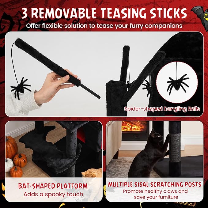 70-inch Gothic Cat Tree, Multi-Level Black Cat Tower | | Robust Scratching Posts | Coffin Bed | Castle-Shaped Comfy Cat Condo | Dual-Entry Condo | Spider-Shaped Hanging Toys |