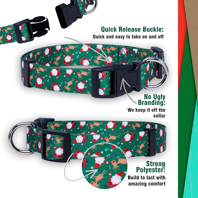 Native Pup Christmas Dog Collar- Winter Holiday Collars for Pets- Xmas Gift for Puppy- Santa, Reindeer, Snowman, Candy Cane, Red Green- Girl Boy- Small, Medium, Large Breeds (Santa & Reindeer, Small)