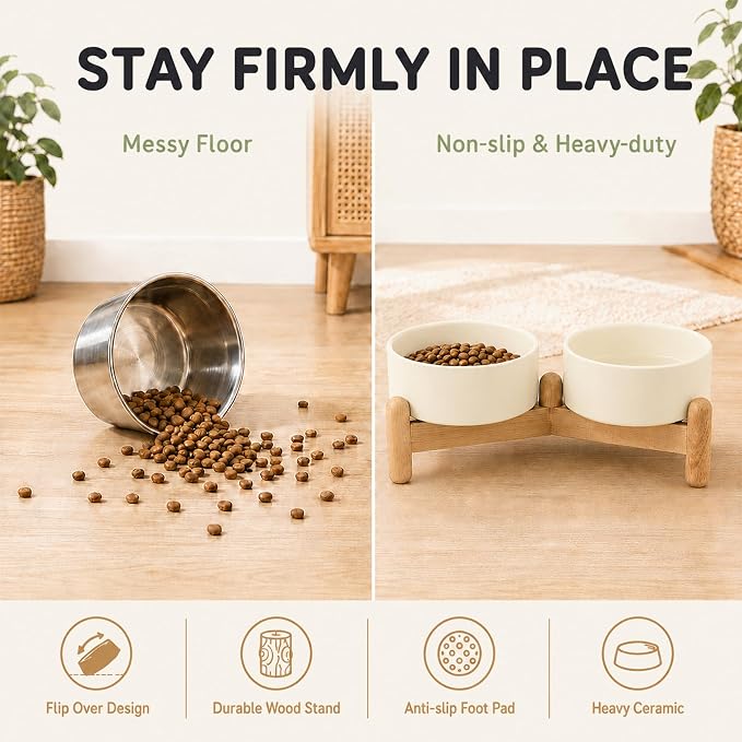 Havniva Ceramic Dog Bowls Elevated, Raised Dog Food Bowl for Puppies | 5.1” Elevated Dog Bowls, Non-Slip Wood Stand, Dog Food and Water Bowl Set, Dog Feeding Dish, Large Capacity Pet Water Bowl