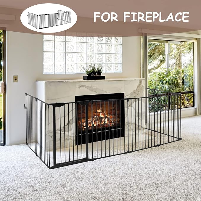 196" Extra Wide Baby Gate Metal Safety Playpen - Fireplace Fence for Toddler/Pet/Dog, Max Length 196", 8-Panel (30" H, Black)