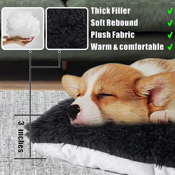 Machine Washable Dog Bed, Deluxe Plush Dog Crate Pad and Cat Bed, Anti-Slip Bottom Kennel Pad Mat, Fuzzy Pet Beds for Large, Medium, Small Dogs Breed (Black, 36.0" L x 24.0" W x 3.0" Th x 1 Pack)