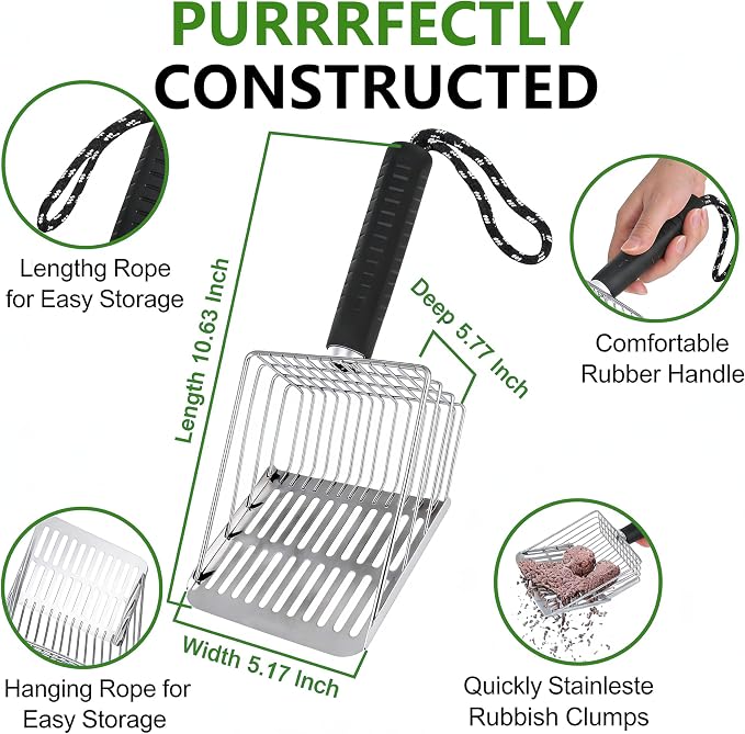[2026 Version]Efficient Metal Cat Litter Scoop- Stainless Steel Cat Litter Scooper with Holder, Heavy Duty Litter Sifter, Pooper Scooper Kitty Litter Box Scooper-Cat Scooper for Litter Box Cleaning